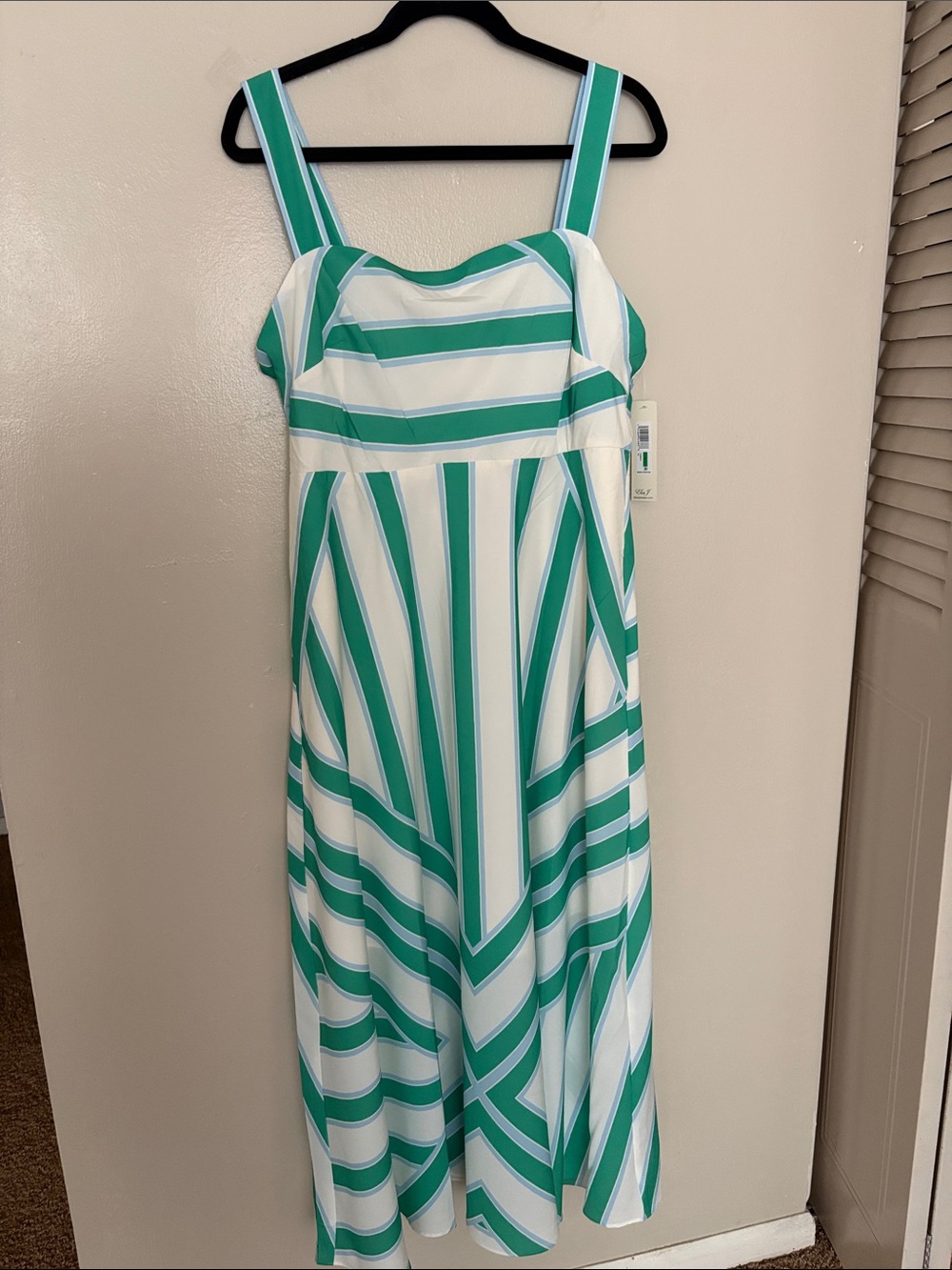 Eliza J Green and White Striped Dress with Light Blue Accents